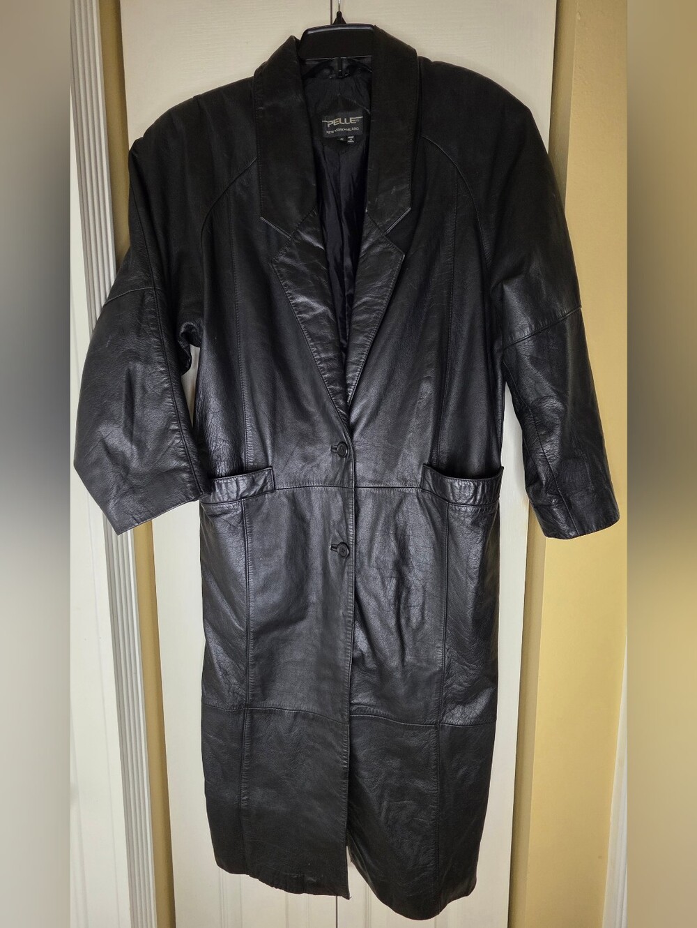 Pelle Women's Leather Black Overcoat Trench Coat Collored Button S